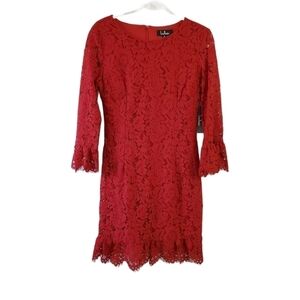 Lulu's Mini Dress Medium Red Flair-est of Them‎ All Lace Flounce Sleeve Zip NWT